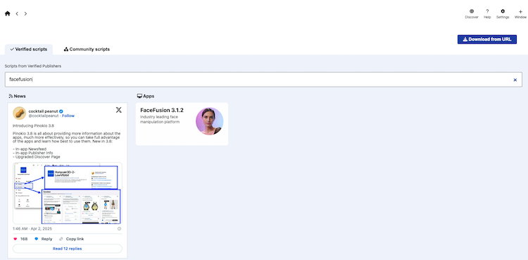 search and install facefusion on pinokio